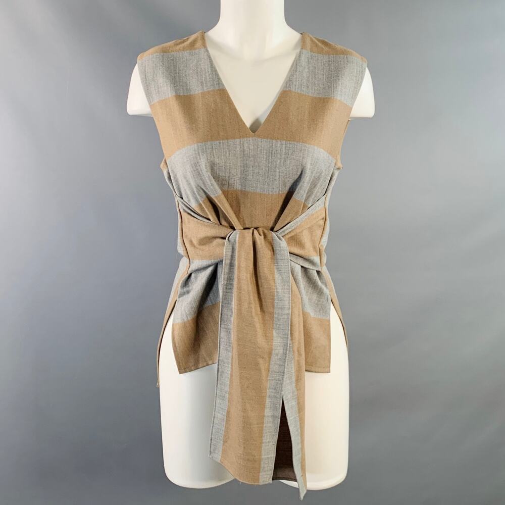TIBI Size 2 Grey Tan Polyester Blend Stripe V-Neck Tie Casual Top